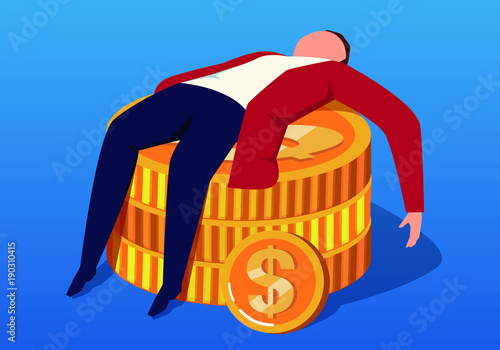 Businessman lying on gold coins resting