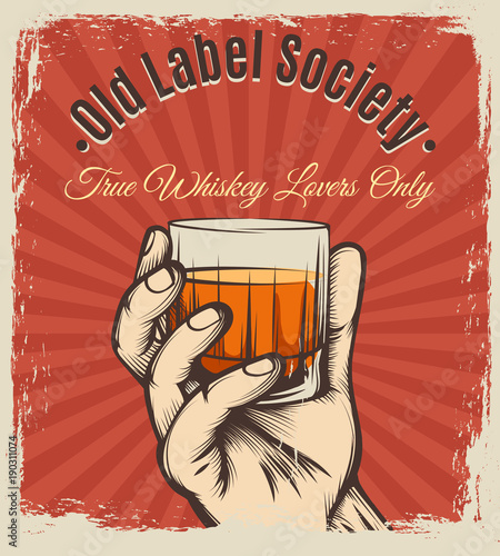 Whiskey vintage poster. Retro vector scotch drink booze party drawing placard
