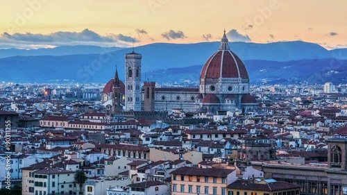 Time-lapse Aerial panoramic Cityscape view of Florence at sunset, Italy