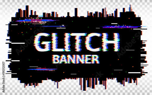 Glitch banner. Distorted glitch Font. Trendy design template with colorful geometric shapes and pixels. Abstract pixel noise effect. Vector illustration