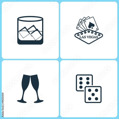 Vector Illustration Set Casino Icons. Elements of Glass of whiskey with ise, Las Vegas, Glasses of champagne and Dice game icon