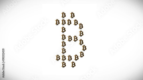 Bitcoin shape made from bitcoins. Clip. Digital currency. Cryptocurrency. Golden bitcoin symbol isolated on white background photo