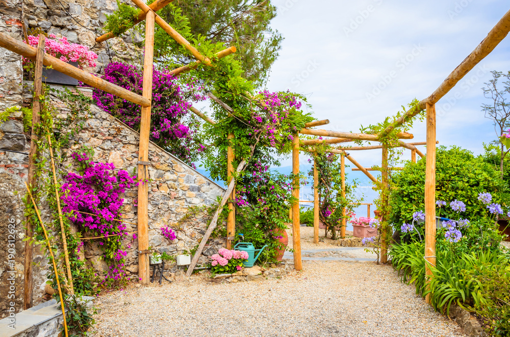 Fototapeta premium Beautiful garden near castle Brown in Portofino, Liguria, Italy