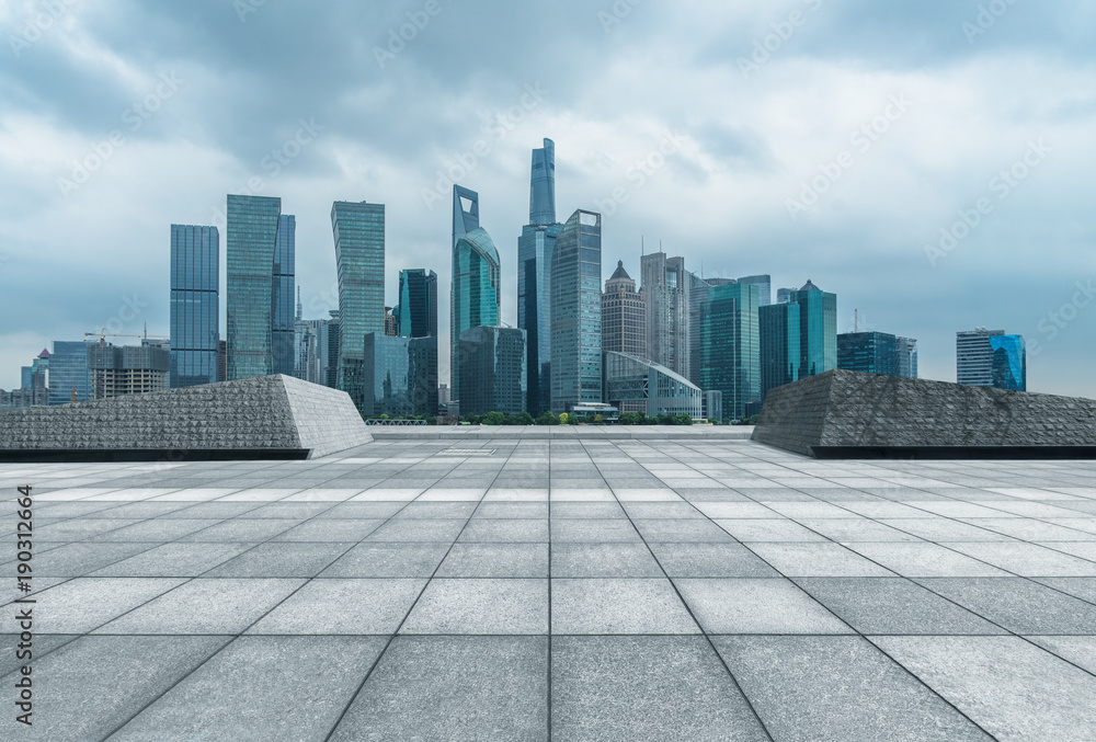 cityscape and skyline of shanghai from empty brick floor. cityscape and skyline of shanghai from empty brick floor.