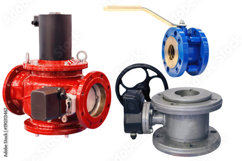 several modern shut-off valves of various designs isolated on white background