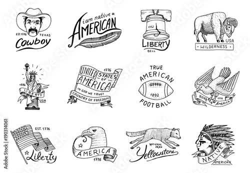 Wallpaper Mural native american set. old, labels or badges for camping, hiking, hunting. buffalo and flag, eagle and cowboy, wolf with red skinned indian. engraved hand drawn in old sketch. Torontodigital.ca