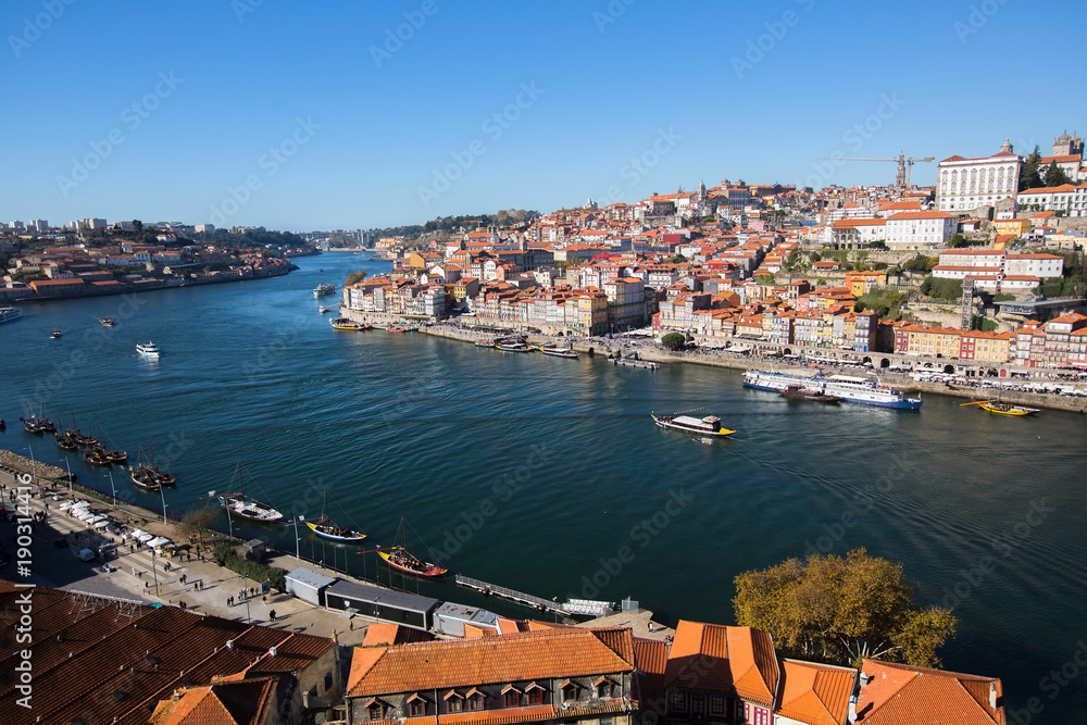 View of Douro river in old Porto downtown, Portugal.