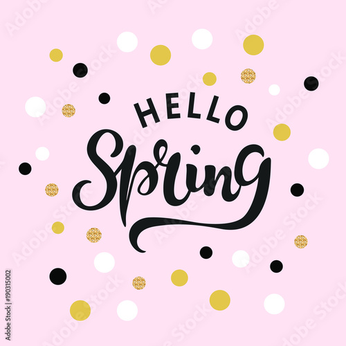 Hello Spring text as logotype, badge and icon. Hand drawn Spring lettering for Warm season Postcard. Template for greeting card, invitation, flyers, web, cover.