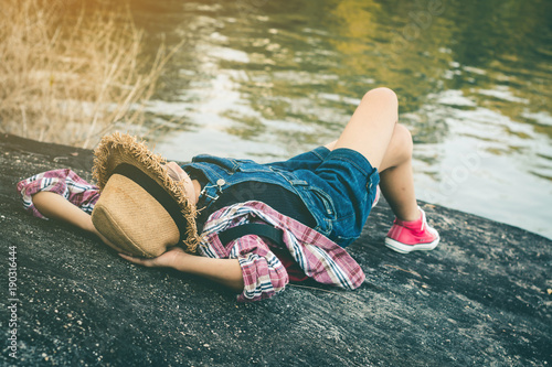 Tourists girls travel in the nature for a holiday. photo