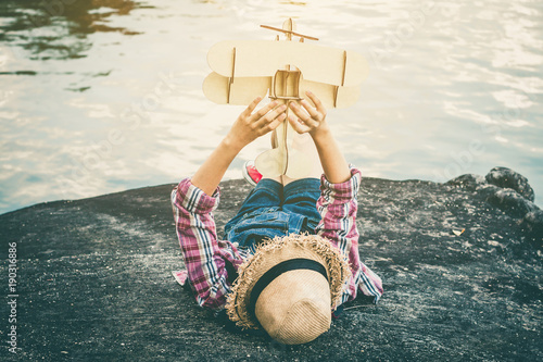 The dream of a girl who wants to fly in the sky in nature. photo