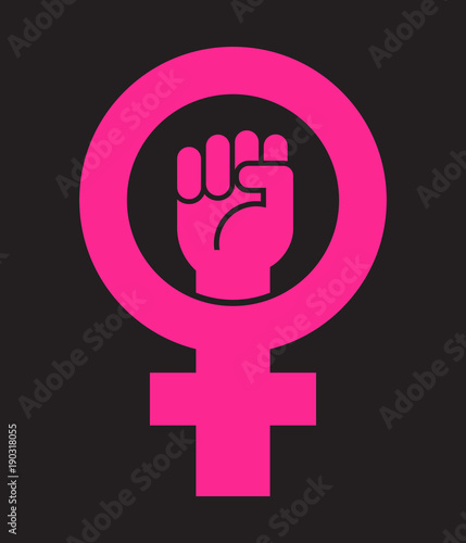 Symbol for female with raised fist. Vector icon design for posters, banners, signs about women's rights.
