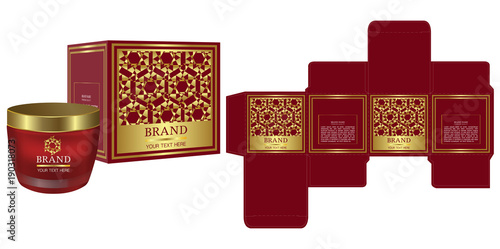 Packaging design, Label on cosmetic container with red and gold luxury box template and mockup box. illustration vector.