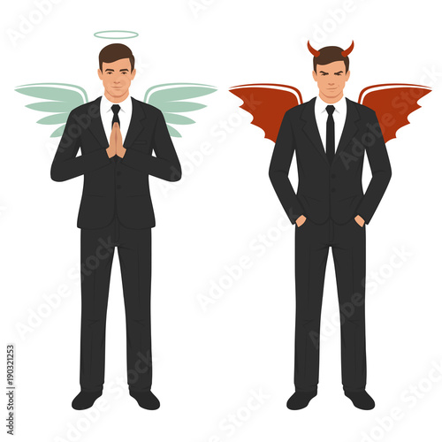 vector illustration of a cartoon devil and angel, good and bad choice, wings, horns and halo