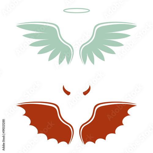 vector illustration of a cartoon devil and angel, good and bad choice, wings, horns and halo