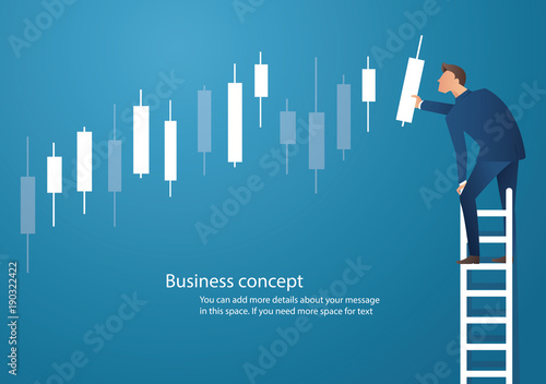 Business concept vector illustration of a man on ladder with candlestick chart background, concept of stock market