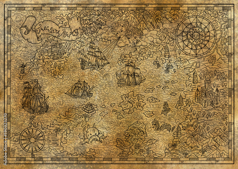 Pirate treasure map with fantasy elements on texture. Pirate adventures, treasure hunt and old transportation concept. Hand drawn engraved illustration, vintage background