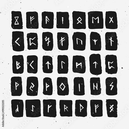 Set of Old Norse Scandinavian runes carved in wood. Runic alphabet, futhark. Ancient occult symbols, vikings letters on white, rune font. Vector illustration with light texture. Ancient norse letter.