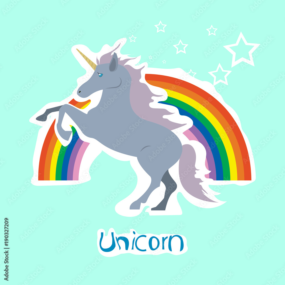 Vector unicorn sticker with stars and rainbow 