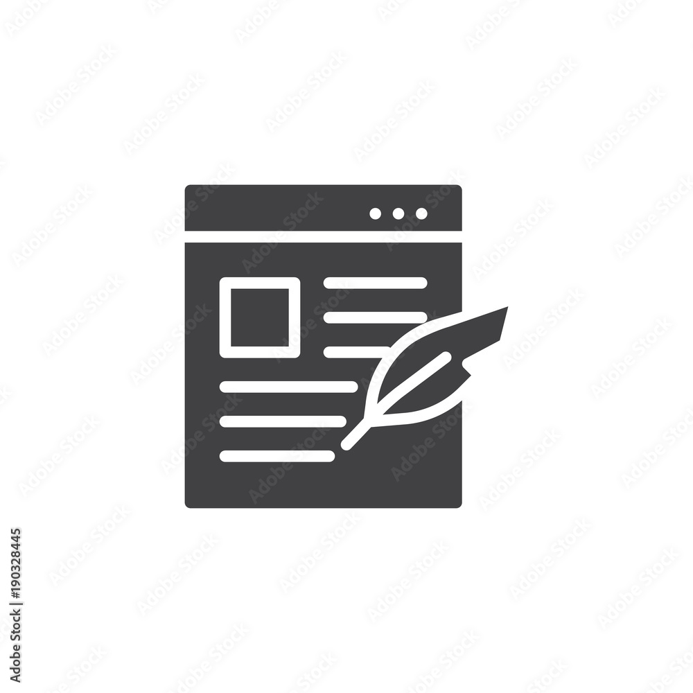 Web page and feather pen icon vector, filled flat sign, solid pictogram isolated on white. Blogging, write post symbol, logo illustration. Web page and feather pen icon vector, filled flat sign, solid pictogram isolated on white. Blogging, write post symbol, logo illustration.