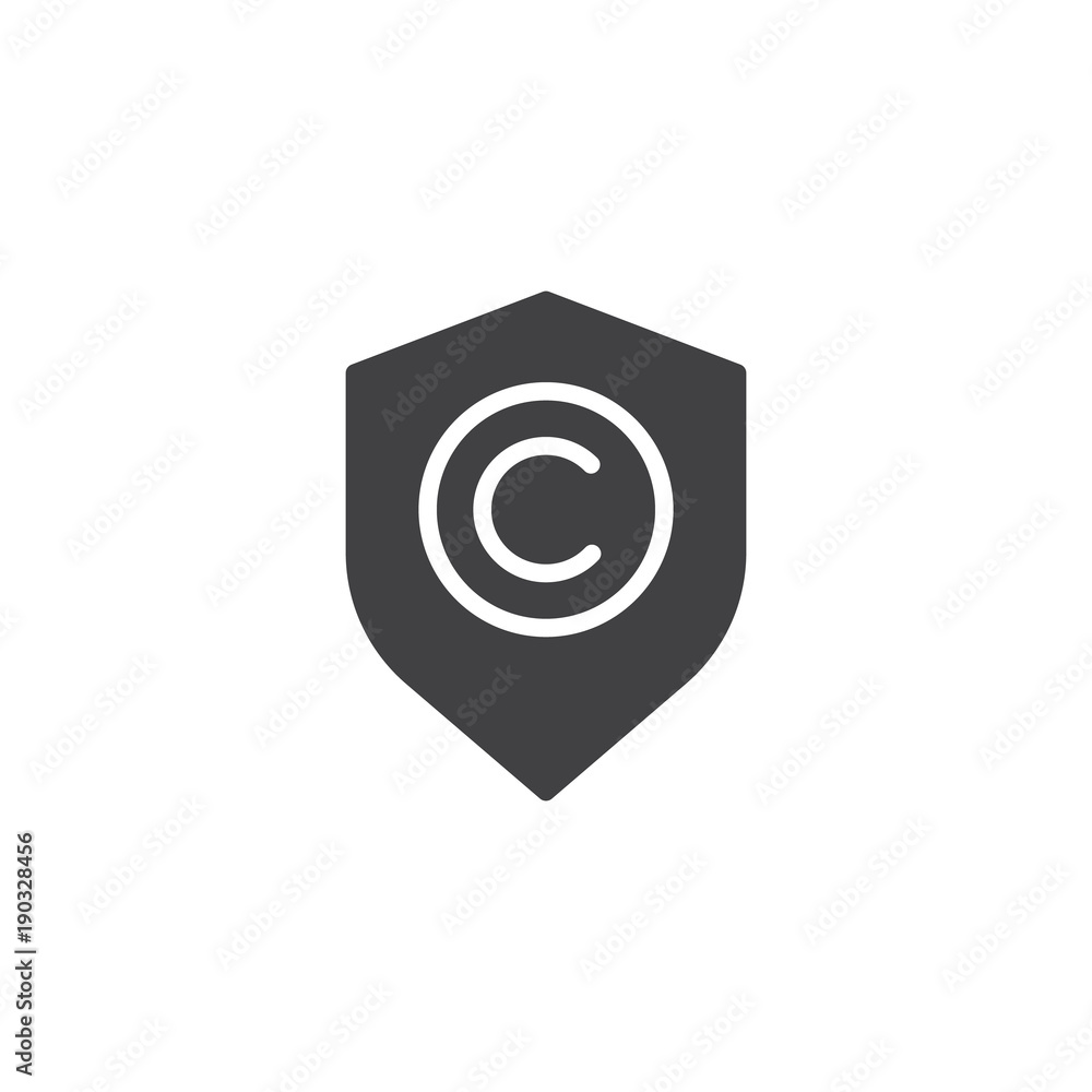 Shield with copyright sign icon vector, filled flat sign, solid pictogram isolated on white. Copyright protection symbol, logo illustration. Shield with copyright sign icon vector, filled flat sign, solid pictogram isolated on white. Copyright protection symbol, logo illustration.