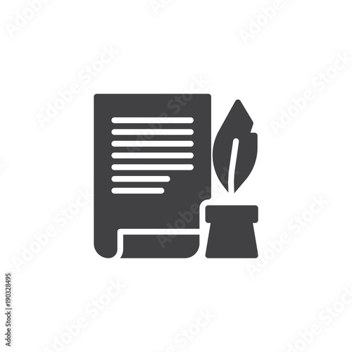 Ink feather pen and scroll paper icon vector, filled flat sign, solid pictogram isolated on white. Write will testament symbol, logo illustration.