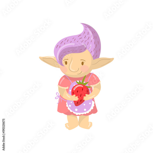 Cute troll girl character holding strawberry, funny creature with violet hair cartoon vector Illustration