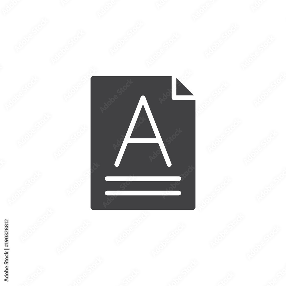 Text font icon vector, filled flat sign, solid pictogram isolated on white. Letter A on a paper sheet symbol, logo illustration. Text font icon vector, filled flat sign, solid pictogram isolated on white. Letter A on a paper sheet symbol, logo illustration.
