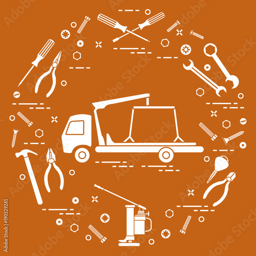 Repair cars: tow truck, wrenches, screws, key, pliers, jack, hammer, screwdriver.
