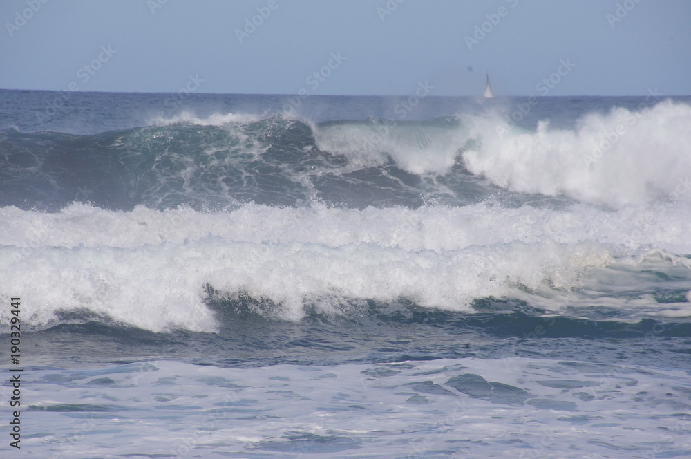 Surf and large waves. Spray.