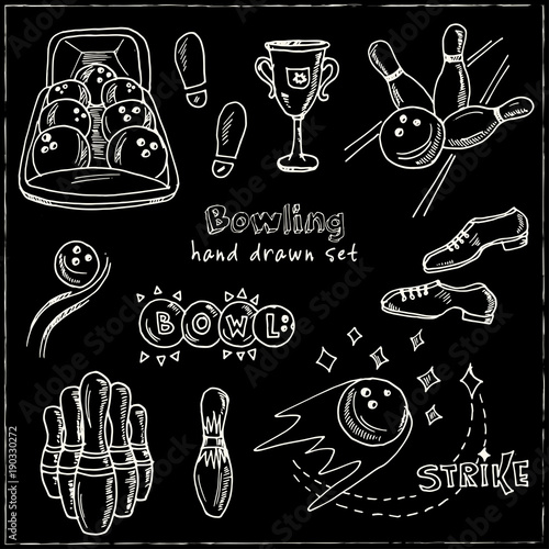 Hand drawn doodle bowling set.