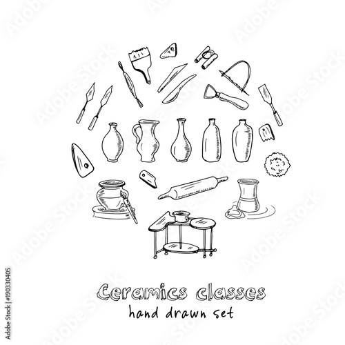 Hand drawn doodle ceramic classes set.