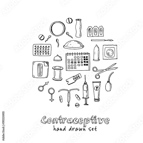 Hand drawn doodle contraceptive set.