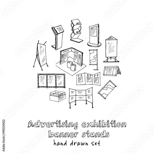 Hand drawn doodle advertising exhibition banner stands set.