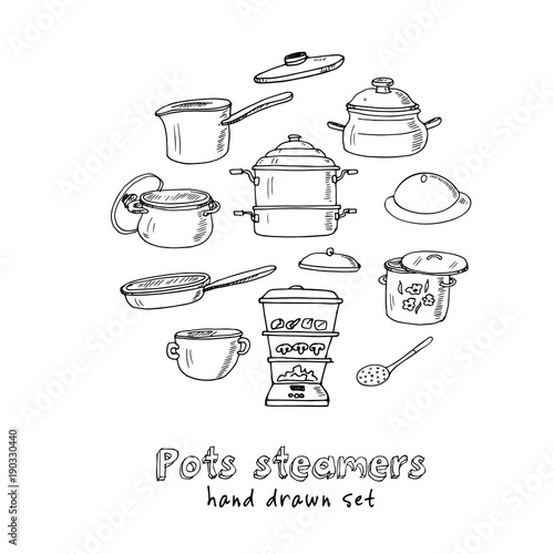Hand drawn doodle pots steamers set.