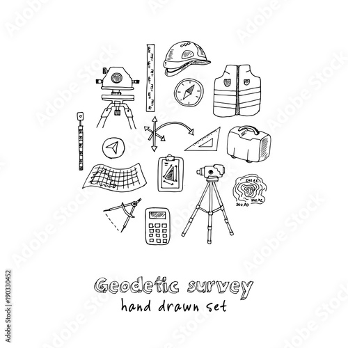 Hand drawn doodle geodetic survey set.