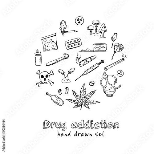 Hand drawn doodle drug addiction set.
