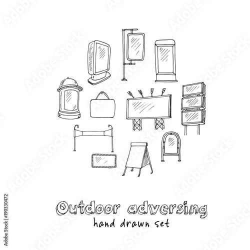Hand drawn doodle outdoor adversing set.