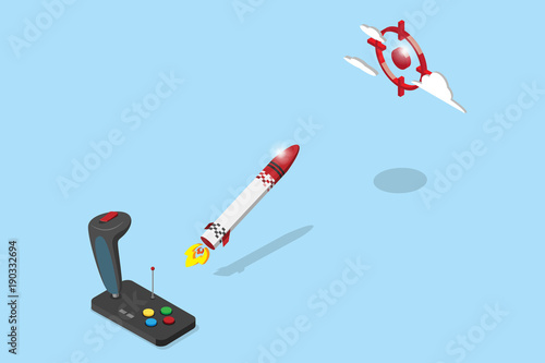 isometric joystick control rocket flying to red target, startup and business concept