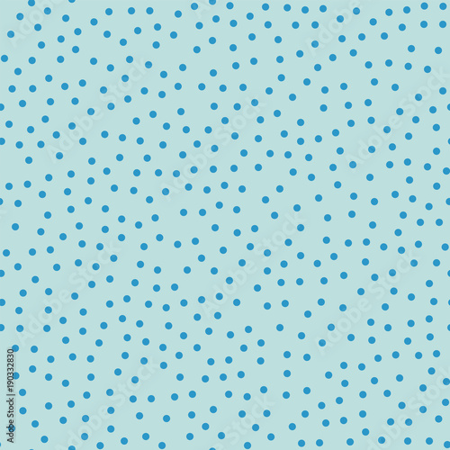 Blue polka dots seamless pattern on turquise background. Wonderful classic blue polka dots textile pattern in restrained colours. Seamless scattered confetti fall chaotic decor. Vector illustration.