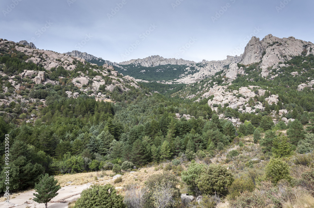 Views of La Pedriza from the Giner de los Rios refuge, in Guadarrama Mountains National Park, province of Madrid, Spain. It can be seen Las Torres (The Towers) and El Pajaro (The Bird) peaks