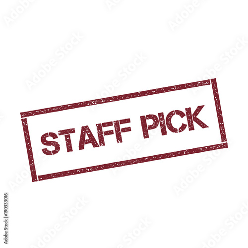 Staff pick rectangular stamp. Textured red seal with text isolated on white background, vector illustration.