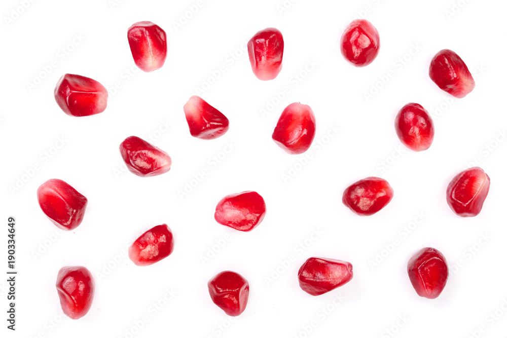 pomegranate seeds isolated on white background. Top view. Flat lay pattern pomegranate seeds isolated on white background. Top view. Flat lay pattern