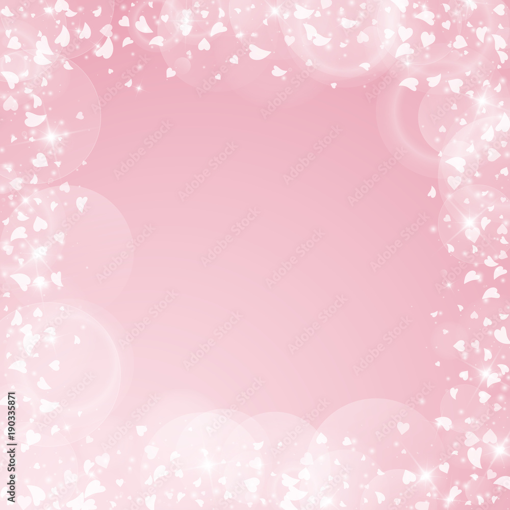 Falling hearts valentine background. Chaotic border on pink background. Falling hearts valentines day fresh design. Vector illustration.