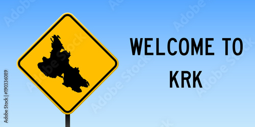 Krk map on road sign. Wide poster with Krk island map on yellow rhomb road sign. Vector illustration.