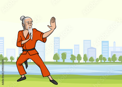 Old man practicing kung fu or wushu in city park. The white-haired martial arts master with a beard. Vector illustration.