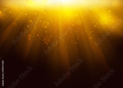 Vector Stage Neon Light Effect. Gold Glowing Light Rays with Flare, Shine, Glare, Shimmer. Disco Scene. Transparent Design Element.