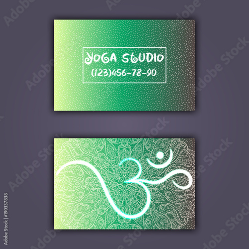 Business card for yoga studio or yoga instructor. Ethnic background with mandala ornament and ohm