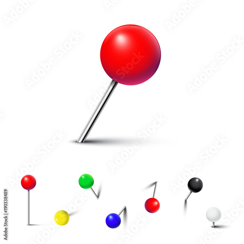 Different color pushpins isolated on white background. Vector realistic design element.