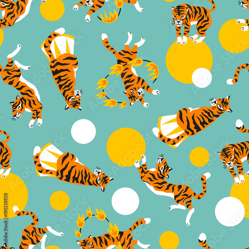 Vector seamless pattern with cute trained tigers and balls. Circus animal  show.Bright stylish design for fabric, wallpaper or gift paper.