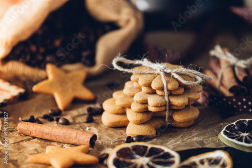 Tasty Gingerbread cookies, stars and flowers, food closeup